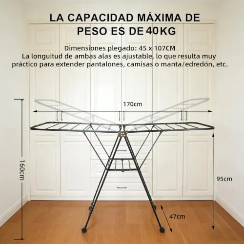 ZEXTEK ▫️ Estendal dobrável com rodas, aço ao carbono, braços extensíveis até 1,7 m, altura ajustável, capacidade de carga de 40 kg, estendal para interior e exterior, preto 2