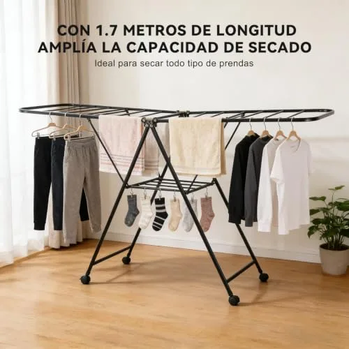 ZEXTEK ▫️ Estendal dobrável com rodas, aço ao carbono, braços extensíveis até 1,7 m, altura ajustável, capacidade de carga de 40 kg, estendal para interior e exterior, preto 3