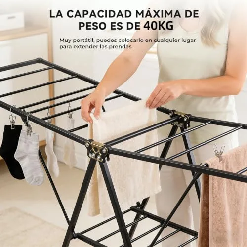 ZEXTEK ▫️ Estendal dobrável com rodas, aço ao carbono, braços extensíveis até 1,7 m, altura ajustável, capacidade de carga de 40 kg, estendal para interior e exterior, preto 5