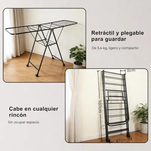 ZEXTEK ▫️ Estendal dobrável com rodas, aço ao carbono, braços extensíveis até 1,7 m, altura ajustável, capacidade de carga de 40 kg, estendal para interior e exterior, preto 6