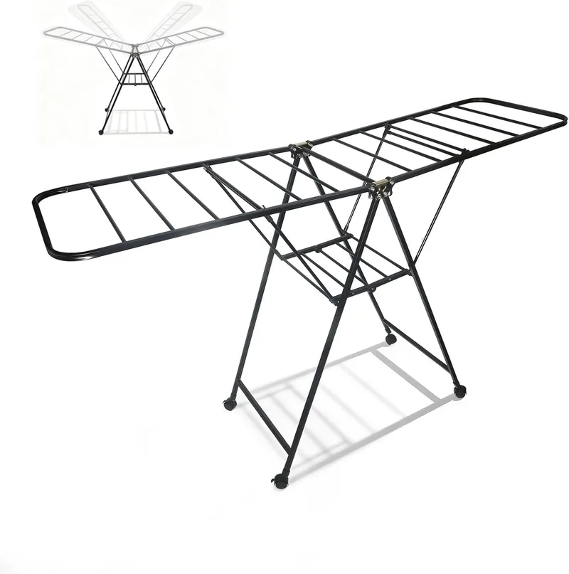ZEXTEK ▫️ Estendal dobrável com rodas, aço ao carbono, braços extensíveis até 1,7 m, altura ajustável, capacidade de carga de 40 kg, estendal para interior e exterior, preto