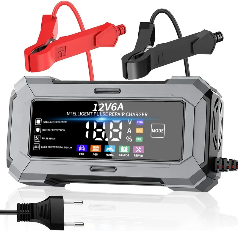 TANYO ▫️ Carregador de bateria de carro carregador de bateria de carro e moto inteligente de 12V com função de reparação automática e ecrã LCD, carregador de bateria 6A para carro, moto, camião, AGM, gel, AGM, gel
