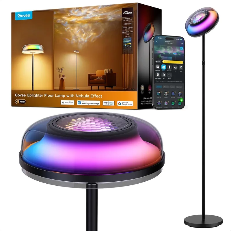 Govee ▫️ Uplighter – Candeeiro de pé com efeito de nebulosa, 3 zonas independentes, intensidade regulável, luz ondulada RGBIC fria-quente, mais de 80 cenários, 2700-6500 K, 1000 lm, compatível com Matter e Alexa, 170 cm, sala de estar