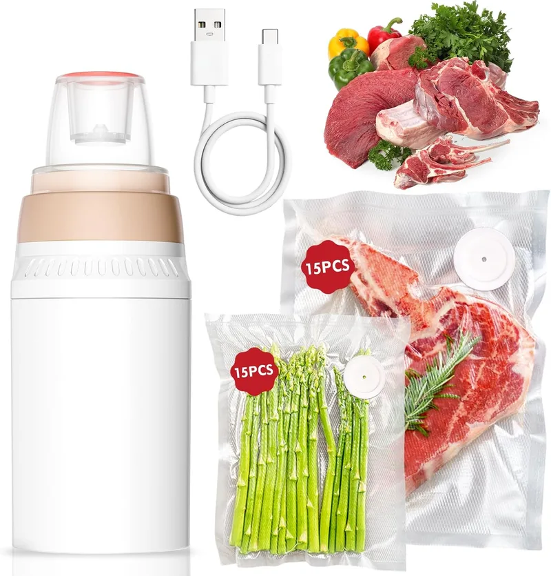 Hiwoor ▫️ Seladora a vácuo, máquina portátil de enlatamento a vácuo, máquina de embalagem de alimentos a vácuo potente, compacta e portátil com 30 sacos de selagem a vácuo reutilizáveis e braçadeira de selagem a vácuo
