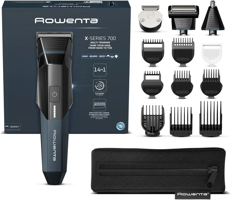 Rowenta ▫️ X-SERIES 700, Aparador 14 em 1, Barba, Cabelo, Orelhas, Nariz e Corpo, Autonomia de 270 min, Lâminas afiadas em aço inoxidável com alto teor de carbono, motor de 7500 RPM, grande precisão, TN9650E0