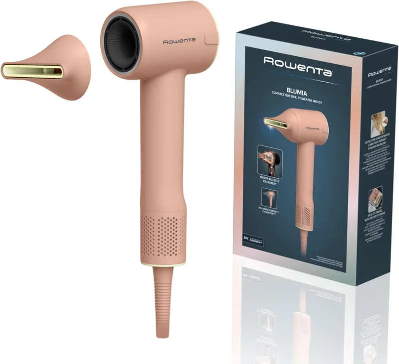 Rowenta ▫️ Secador de cabelo Blumia compacto e leve (350 g), motor digital, secagem rápida, gerador de iões, controlo inteligente a 40 °C, 3 níveis de temperatura, 2 velocidades, bocal magnético, cor rosa, HY5N11E0