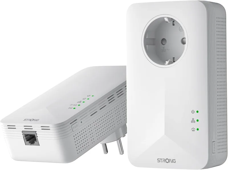 Strong ▫️ AV1000 Adaptador Powerline Wi-Fi com tomada, PLC HomePlug AV2 Tipo F, Wi-Fi 1200 Mbit/s em 2,4 GHz/5 GHz, Plug & Play, Modo de Poupança de Energia, Portas Gigabit (POWERL1000WFDUOEUV2)
