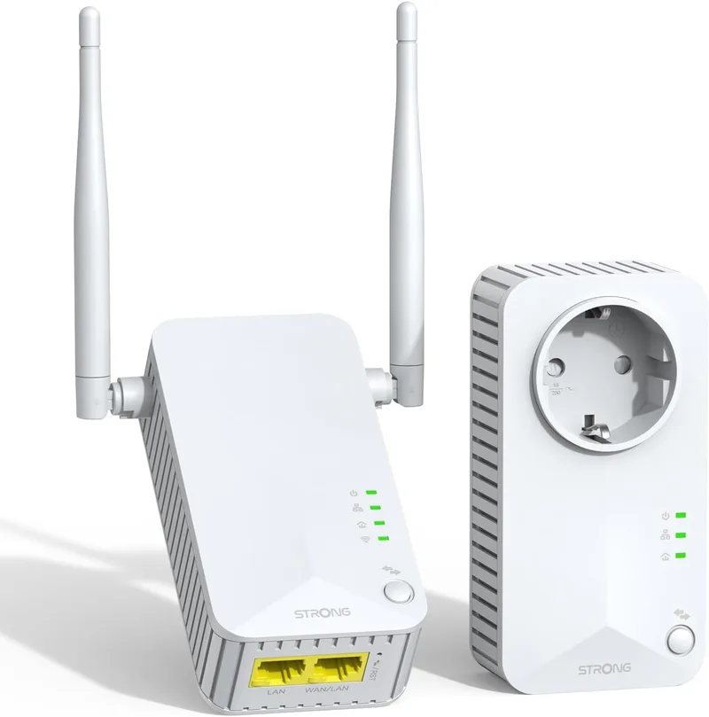 Strong ▫️ Adaptador WiFi Powerline AV600 com ficha, PLC HomePlug AV2, WiFi 300 Mbit/s, Plug & Play, modo de poupança de energia, portas LAN de 100 Mbit/s, ideal para TV (POWERLWF600DUOEUV2)
