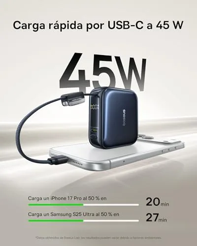 Baseus ▫️ AC22 Mini Powerbank 10000mAh, Bateria Externa Portátil com Carregamento Rápido PD 45W e Cabo USB-C Integrado, Powerbank Compacta para iPhone 18/17/16, Samsung S26/S25 Ultra, iPad e Pixel 10/9 4