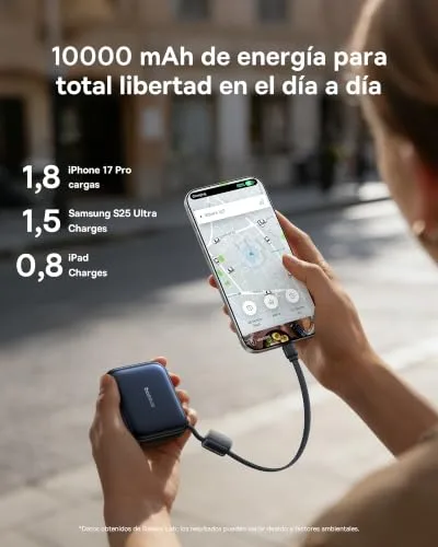 Baseus ▫️ AC22 Mini Powerbank 10000mAh, Bateria Externa Portátil com Carregamento Rápido PD 45W e Cabo USB-C Integrado, Powerbank Compacta para iPhone 18/17/16, Samsung S26/S25 Ultra, iPad e Pixel 10/9 7