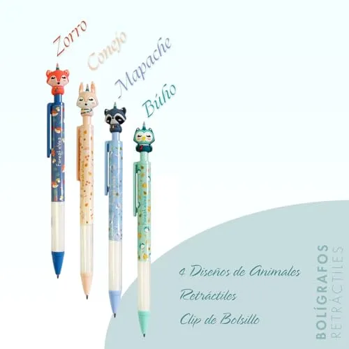 DOHE ▫️ Canetas retráteis divertidas (4 unidades) - Canetas bonitas com motivos de animais, tinta azul, ponta esférica de 1 mm, para meninos e meninas, escola e aulas, material escolar, designs aleatórios 2
