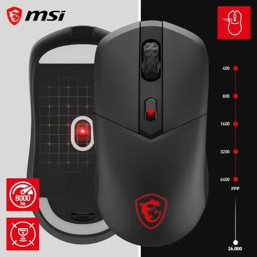 MSI ▫️ Versa 300 - Rato sem fios para jogos 8K - 26 000 dpi ópticos, frequência de amostragem de 8 000 Hz, simétrico, microinterruptores Omron com 60 m por clique, 6 botões, bateria com autonomia de 196 horas, latência de 0,125 ms, RGB 6