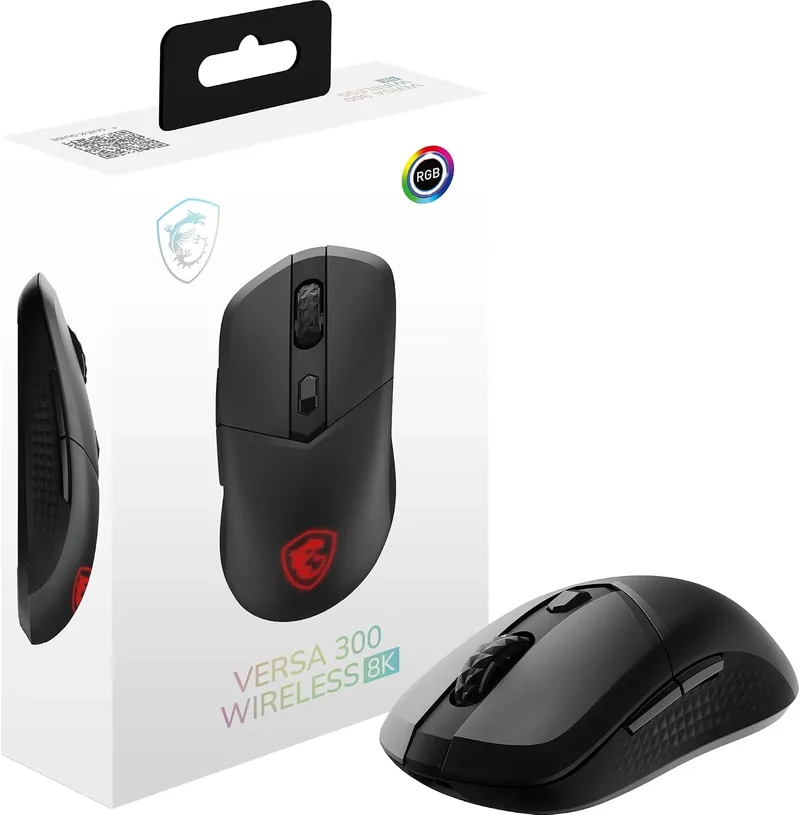 MSI ▫️ Versa 300 - Rato sem fios para jogos 8K - 26 000 dpi ópticos, frequência de amostragem de 8 000 Hz, simétrico, microinterruptores Omron com 60 m por clique, 6 botões, bateria com autonomia de 196 horas, latência de 0,125 ms, RGB