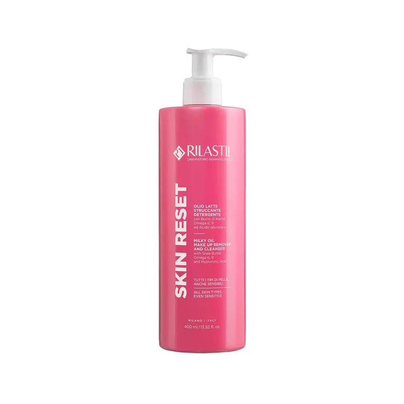 Rilastil ▫️ Skin Reset, Leite de Limpeza, Desmaquilhante, 400 ml | Manteiga de Karité, Ácido Hialurónico, Ómega 6 e 9, Ação Nutritiva, Rosto e Olhos