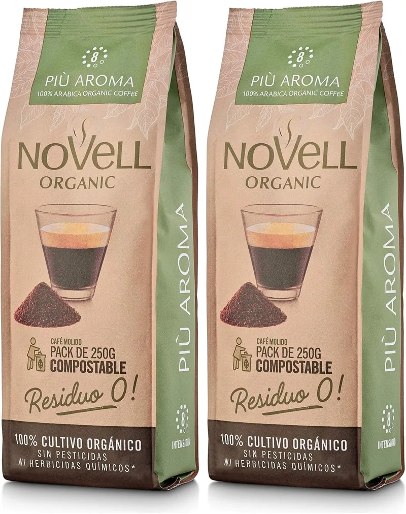 Novell ▫️ Coffees 100% Organic Ground Coffee 250g Più Aroma - 250 g (Embalagem de 2)