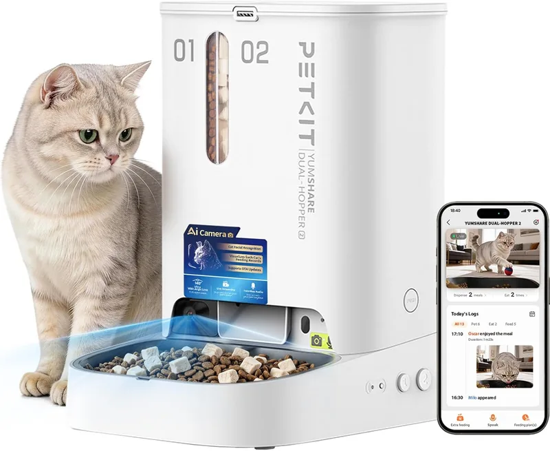 PETKIT ▫️ Novo Comedouro Automático para Gatos com Câmara, Reconhecimento de Vários Gatos, Wi-Fi de 2,4 GHz e 5 GHz, Duplo Depósito de 5 L para Gatos/Cães, 1080p HD, Função de IA, Tigela em Aço Inoxidável
