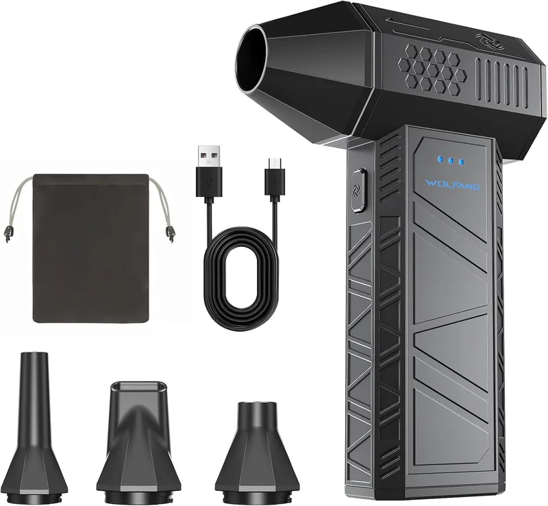 WOLFANG ▫️ Soprador de ar elétrico sem fios de 110 000 rpm, Soprador de ar comprimido para limpeza de PC, mini soprador ajustável com 3 velocidades e carregamento rápido para PC, limpeza de automóveis