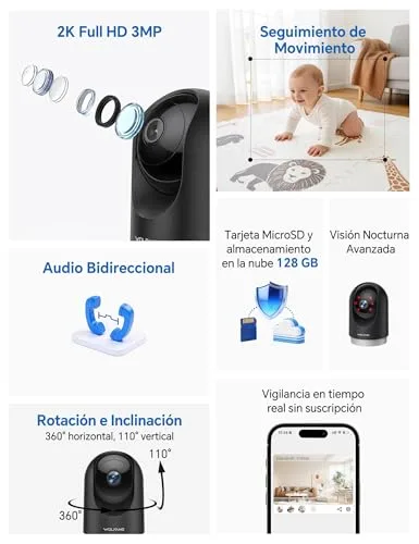 WOLFANG ▫️ Câmara de vigilância interior 2K, câmara de vigilância doméstica Wi-Fi 360° PTZ com acompanhamento, visão noturna e áudio bidirecional, câmara de vigilância para cães, compatível com Alexa, sem mensalidades 2
