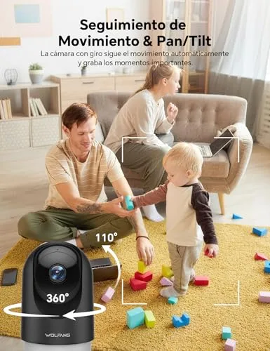 WOLFANG ▫️ Câmara de vigilância interior 2K, câmara de vigilância doméstica Wi-Fi 360° PTZ com acompanhamento, visão noturna e áudio bidirecional, câmara de vigilância para cães, compatível com Alexa, sem mensalidades 4