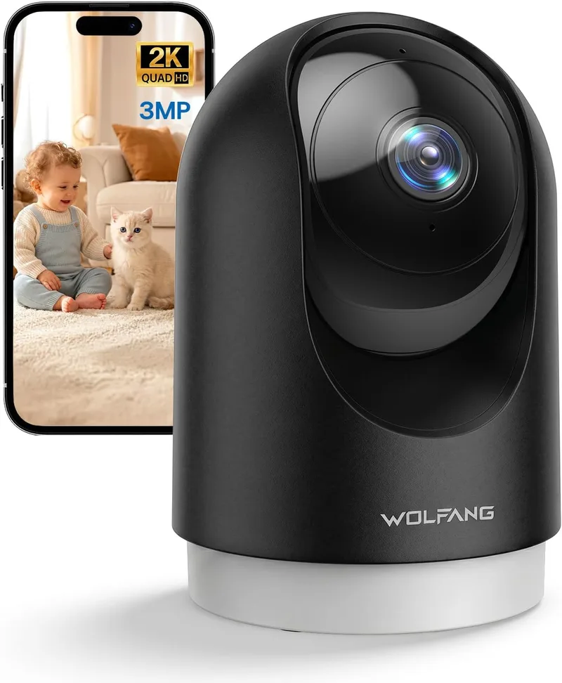 WOLFANG ▫️ Câmara de vigilância interior 2K, câmara de vigilância doméstica Wi-Fi 360° PTZ com acompanhamento, visão noturna e áudio bidirecional, câmara de vigilância para cães, compatível com Alexa, sem mensalidades