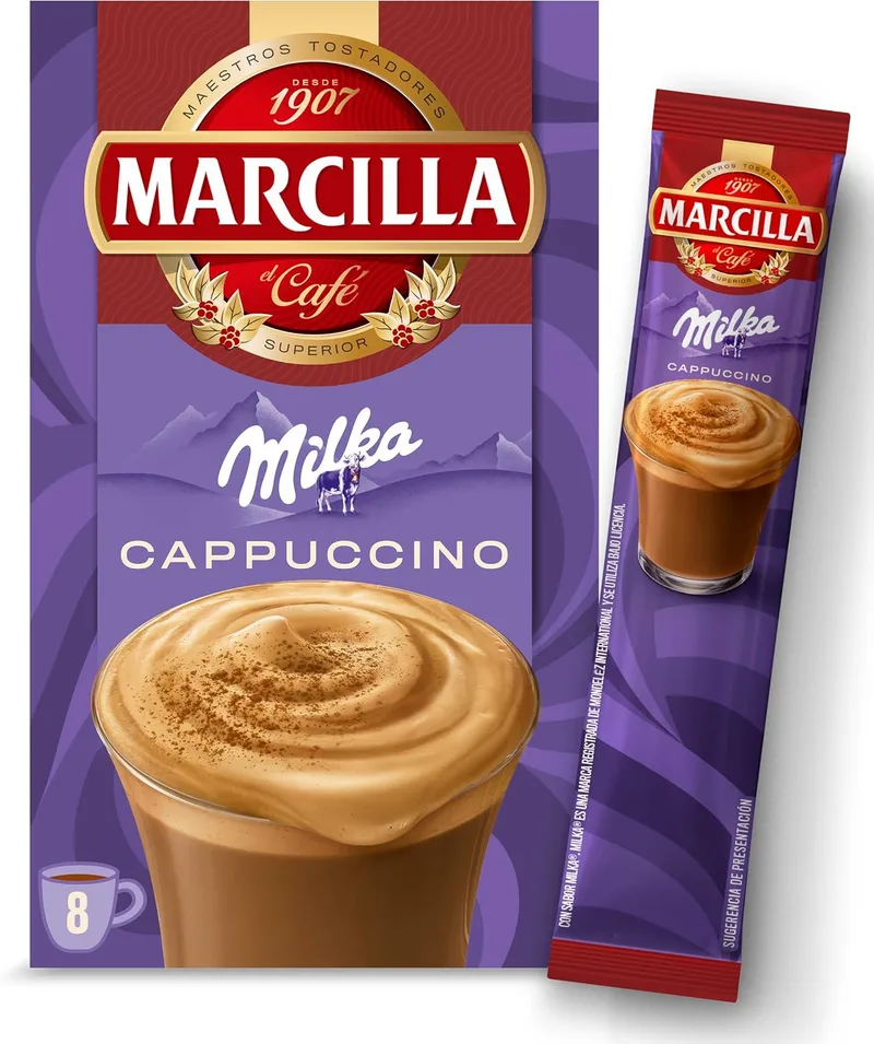 Marcilla ▫️ Café Solúvel Mix Cappuccino Sabor Milka | 8 saquetas | 126 g