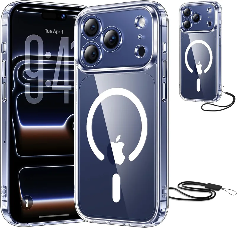 Opkiegrn ▫️ Capa magnética para iPhone 17 Pro com cordão, proteção para a lente da câmara, compatível com MagSafe, com cordão preto, capa anti-amarelecimento ultrafina para iPhone 17 Pro 6,3" - Transparente