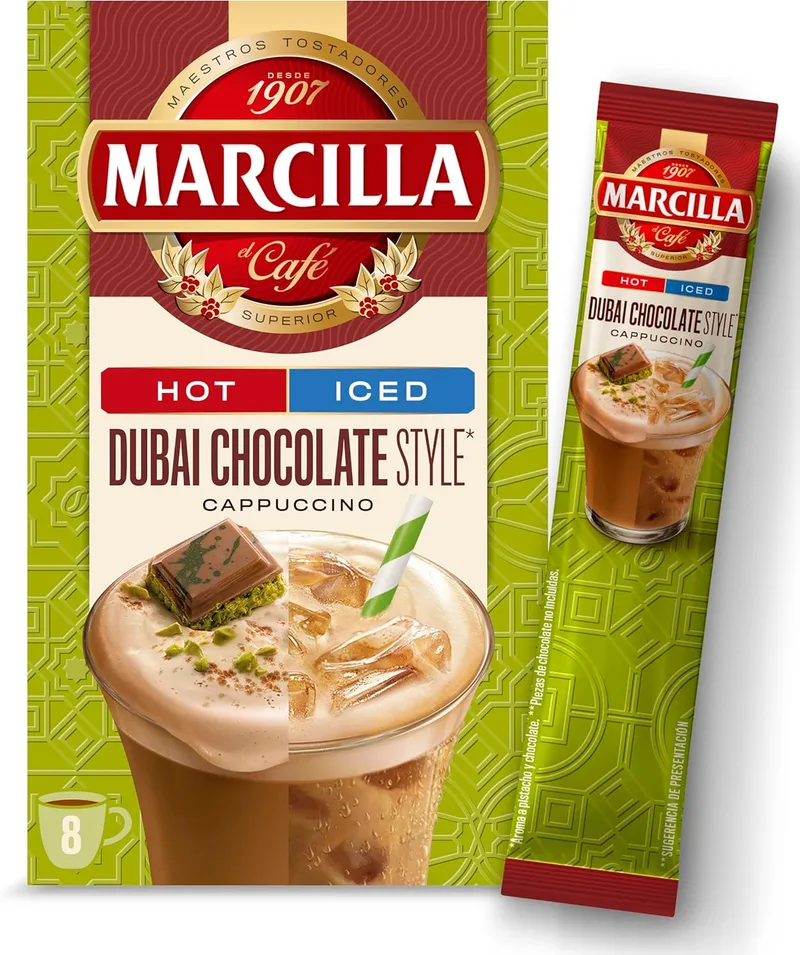 Marcilla ▫️ Café Solúvel Mix Cappuccino Dubai Estilo Chocolate | 8 saquetas | 120 g | Sabor a pistácio e chocolate, quente e gelado, 8 saquetas de 15 g