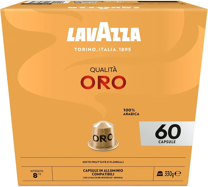 Lavazza ▫️ Qualità Oro, 60 cápsulas de alumínio compatíveis com máquinas Nespresso, com notas frutadas e florais, 100% Arábica, intensidade 8/13, torra leve