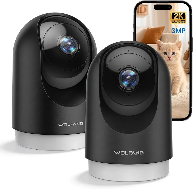 WOLFANG ▫️ Câmara de vigilância interior 2K, câmara de vigilância doméstica Wi-Fi 360° PTZ com acompanhamento, visão noturna e áudio bidirecional, câmara de vigilância para cães, compatível com Alexa, pacote de 2