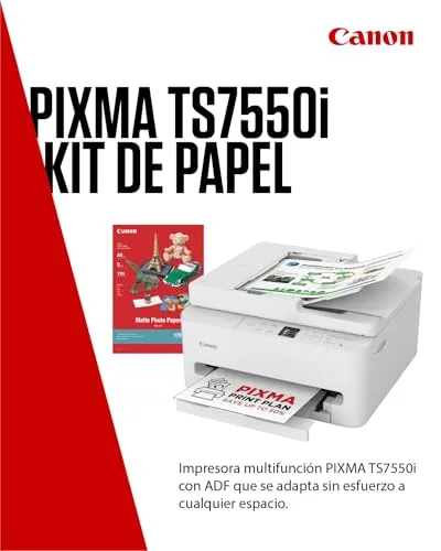Canon ▫️ PIXMA TS7550I - Impressora multifunções com conectividade Wi-Fi, alimentador automático de documentos (ADF) para 35 folhas e ecrã OLED de 1,42 polegadas. PIXMA Print Plan - Inclui papel fotográfico A4 MP-101, 5 folhas 2