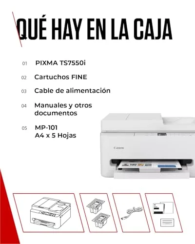 Canon ▫️ PIXMA TS7550I - Impressora multifunções com conectividade Wi-Fi, alimentador automático de documentos (ADF) para 35 folhas e ecrã OLED de 1,42 polegadas. PIXMA Print Plan - Inclui papel fotográfico A4 MP-101, 5 folhas 7