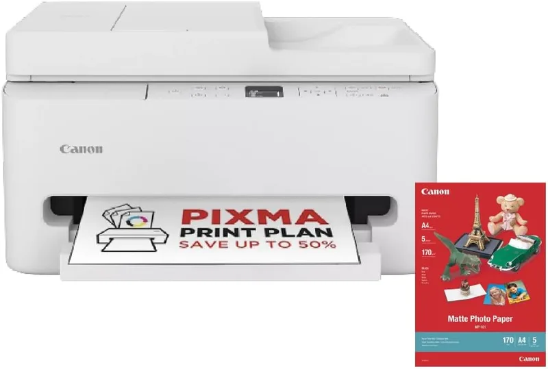 Canon ▫️ PIXMA TS7550I - Impressora multifunções com conectividade Wi-Fi, alimentador automático de documentos (ADF) para 35 folhas e ecrã OLED de 1,42 polegadas PIXMA Print Plan - Inclui papel fotográfico A4 MP-101, 5 folhas