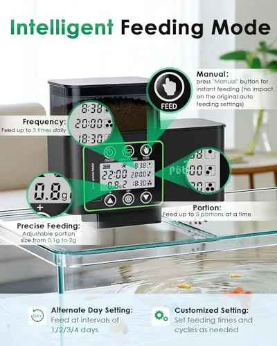 Petbank ▫️ Alimentador automático para peixes - 230/510 ml, temporizador ajustável para aquário com precisão de 0,1-2 g, alerta de falta de comida, limpeza fácil, resistente à humidade, ecrã LCD, recarregável via USB 2
