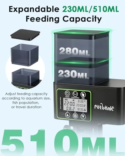 Petbank ▫️ Alimentador automático para peixes - 230/510 ml, temporizador ajustável para aquário com precisão de 0,1-2 g, alerta de falta de comida, limpeza fácil, resistente à humidade, ecrã LCD, recarregável via USB 3