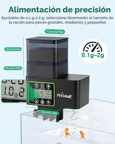 Petbank ▫️ Alimentador automático para peixes - 230/510 ml, temporizador ajustável para aquário com precisão de 0,1-2 g, alerta de falta de comida, limpeza fácil, resistente à humidade, ecrã LCD, recarregável via USB 4