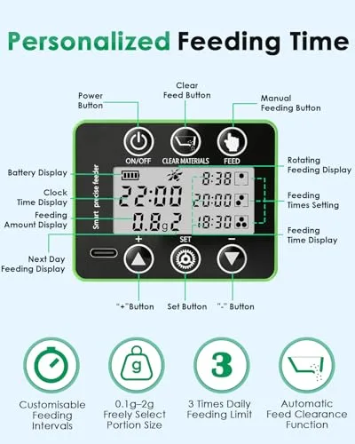 Petbank ▫️ Alimentador automático para peixes - 230/510 ml, temporizador ajustável para aquário com precisão de 0,1-2 g, alerta de falta de comida, limpeza fácil, resistente à humidade, ecrã LCD, recarregável via USB 5
