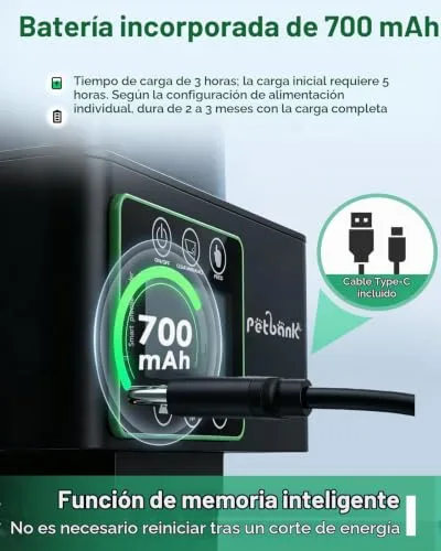 Petbank ▫️ Alimentador automático para peixes - 230/510 ml, temporizador ajustável para aquário com precisão de 0,1-2 g, alerta de falta de comida, limpeza fácil, resistente à humidade, ecrã LCD, recarregável via USB 6