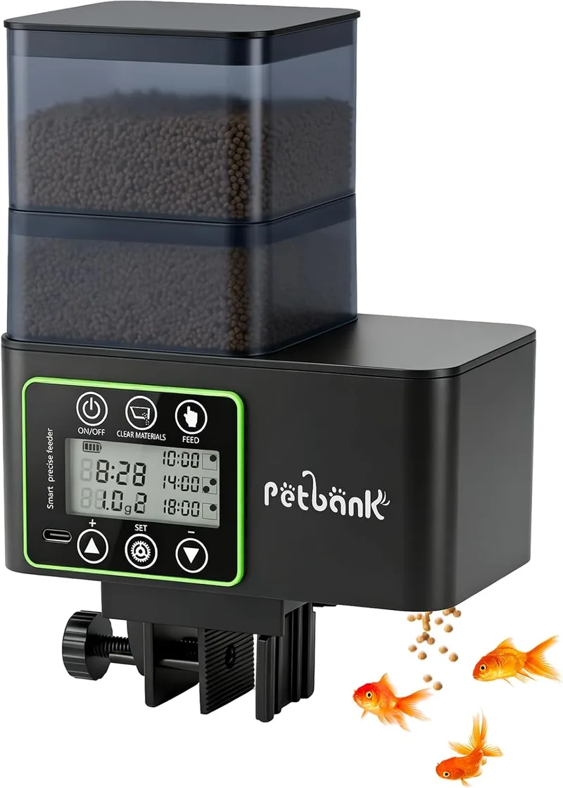 Petbank ▫️ Alimentador automático para peixes - 230/510 ml, temporizador ajustável para aquário com precisão de 0,1-2 g, alerta de falta de comida, limpeza fácil, resistente à humidade, ecrã LCD, recarregável via USB