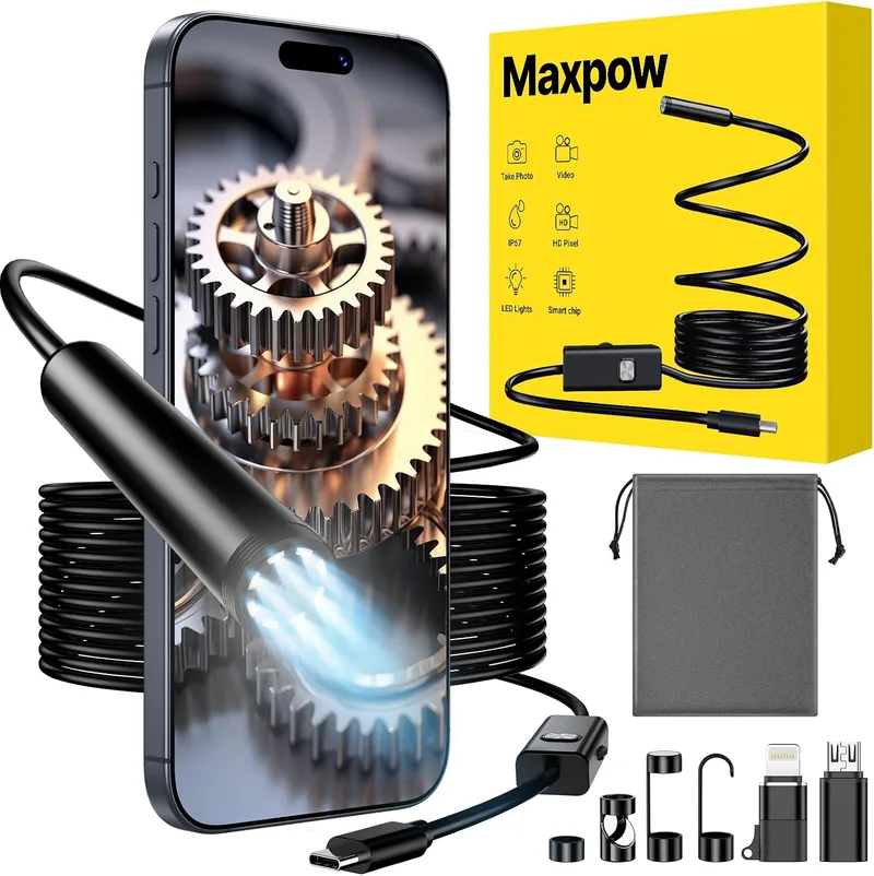 Maxpow ▫️ Endoscópio com Câmara de Inspeção - Plug and Play, compatível com sistemas iPhone e Android, permite a gravação de fotografias e vídeos, resistente à água (IP67), endoscópio HD de 1920 (5M) - Versão melhorada