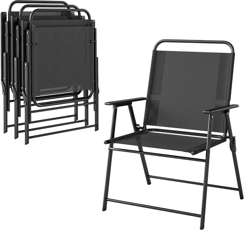 Outsunny ▫️ Conjunto de 4 cadeiras de campismo dobráveis, cadeiras de jardim para exterior com encosto alto, assento largo e braços, tecido Textilene respirável e estrutura em aço para terraço, 65x60x94 cm, preto