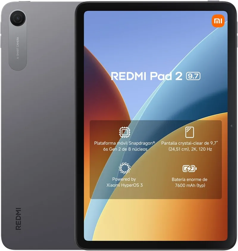 XIAOMI ▫️ REDMI Pad 2, Tablet de 9,7” com 4+64 GB, ecrã 2K a 120 Hz, Snapdragon 6s Gen 2, bateria de 7600 mAh, cinzento grafite, 4 anos de garantia. Carregador não incluído.