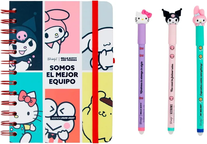 Mr. Wonderful ▫️ Conjunto de Agenda Escolar Hello Kitty 2026-2027 Semanal Pequena + 3 Canetas Apagáveis – Agenda Compacta com Autocolantes