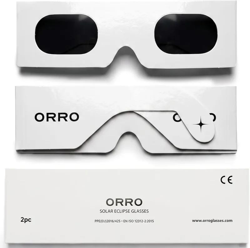 ORRO ▫️ Óculos para eclipse solar de 45 mm, embalagem de 2/6/12, adaptam-se a óculos graduados, proteção ocular certificada, testados de acordo com a norma EN ISO 12312-2:2015, marcação CE - Ajuste Edge