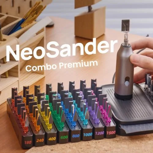 HOZO ▫️ Kit Combo Premium NeoSander – Mini conjunto de lixadeira recíproca para detalhes com 64 cabeças de lixagem codificadas por cor, base de carregamento e conjunto básico de lixa, ideia para presente 2