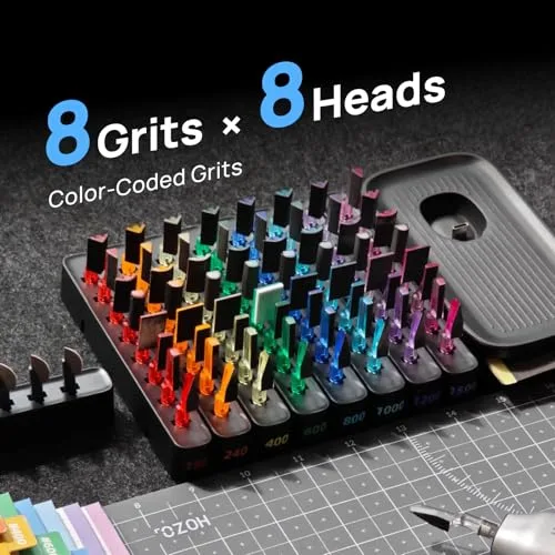 HOZO ▫️ Kit Combo Premium NeoSander – Mini conjunto de lixadeira recíproca para detalhes com 64 cabeças de lixagem codificadas por cor, base de carregamento e conjunto básico de lixa, ideia para presente 3