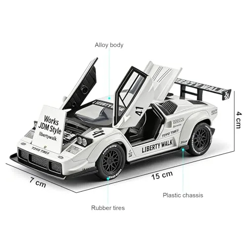TGRCM-CZ ▫️ Modelo de carro Lamborghini LBWK Countach à escala 1/32, em liga de zinco. Modelo de carro com som e luz, para colecionadores e crianças a partir dos 3 anos. Presente de aniversário (branco) 2