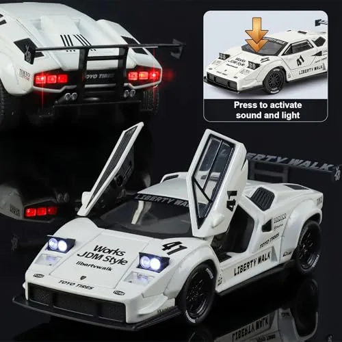 TGRCM-CZ ▫️ Modelo de carro Lamborghini LBWK Countach à escala 1/32, em liga de zinco. Modelo de carro com som e luz, para colecionadores e crianças a partir dos 3 anos. Presente de aniversário (branco) 5