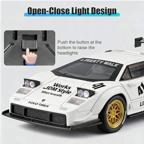 TGRCM-CZ ▫️ Modelo de carro Lamborghini LBWK Countach à escala 1/32, em liga de zinco. Modelo de carro com som e luz, para colecionadores e crianças a partir dos 3 anos. Presente de aniversário (branco) 6