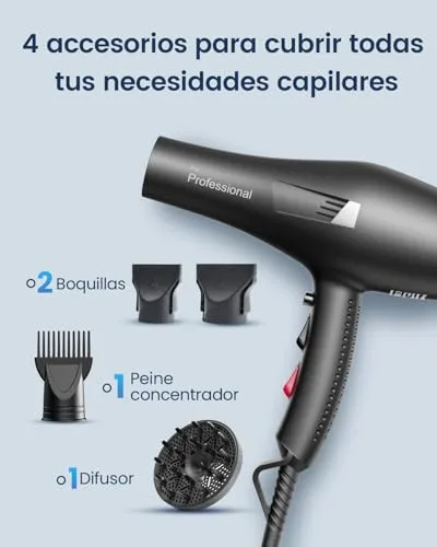 BANNILU ▫️ Secador de cabelo profissional iônico, secador iônico com 1 difusor, 2 bicos de penteado, 3 temperaturas, ar frio e quente, secagem rápida para todo o tipo de cabelo 5