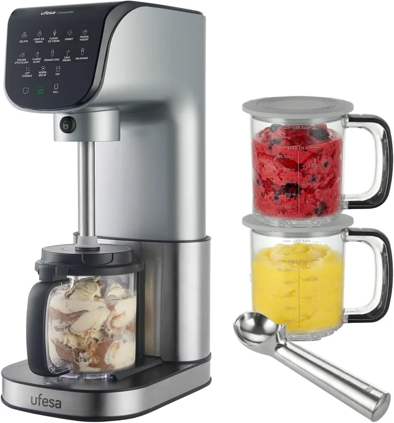 Ufesa ▫️ Gelatella, Máquina de gelados multifunções, motor sem escovas, 1,4 L, 11 programas, ecrã tátil, gelados, bebidas frias, smoothies, batidos, sorvetes, 2 recipientes Tritan, tecnologia CreamPulse, compacta